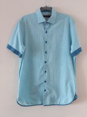 HAMMER MADE  Limited edition 100% cotton turquoise striped short sleeve shirt